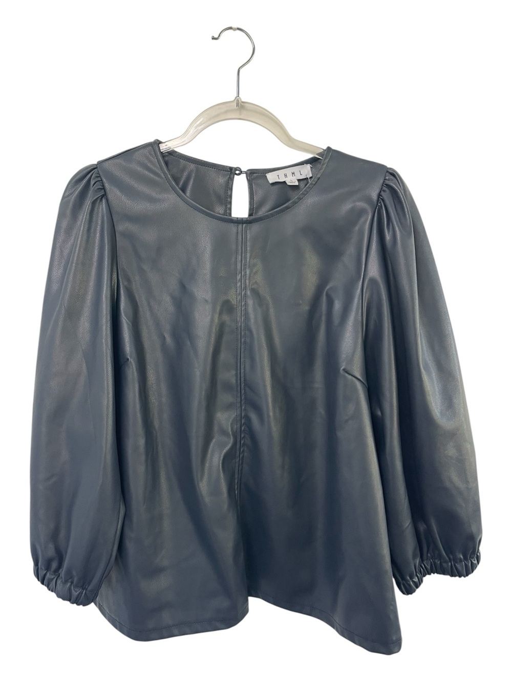 THML Navy Blue Faux Leather Puff Sleeve Shirt Large NWT